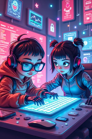 In a vibrant and dynamic cartoon world, two adorable yet formidable characters are engaged in an epic cyber battle. On one side, a cute yet mischievous hacker character, equipped with oversized glasses and a tech-savvy outfit, is exploiting a vulnerability to carry out a cyber attack. Their robotic fingers type rapidly on a holographic keyboard, with screens displaying complex codes and graphs. On the other side, a brave and determined defender character, dressed in a sleek, futuristic armor, is working tirelessly to fend off the attack. They monitor multiple screens filled with security alerts and countermeasures, their expression one of focused determination. The background is filled with flashing lights and flowing digital streams, creating an exciting and playful atmosphere. Despite the intense action, both characters exude a sense of playful confidence, making them intriguing and lovable.,wonder beauty