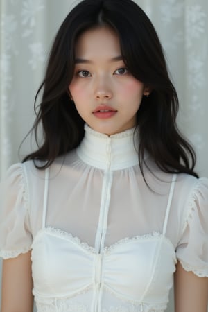 A close-up shot of a young Asian woman with long dark brown hair and blue eyes. She is wearing a white sleeveless dress with a white turtleneck. The woman's dress is adorned with white embroidery on the shoulders and neck. The backdrop is a white curtain with white designs on it. Effects: Hdr, ultra rich colors,HDR