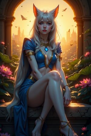 Mystical Awakening: A regal tableau unfolds against a warm golden backdrop, where a statuesque cosplayer, embodying Bastet's doppelganger, majestically sits upon a worn stone throne. Her luminous complexion gleams like polished white marble, as her eyes sparkle with an otherworldly intensity, reminiscent of lapis lazuli jewels. The setting sun casts a warm glow, illuminating the scene from behind, while long, flowing hair cascades down her back like a river of night, framing the majestic pose amidst a lush lotus-filled environment.