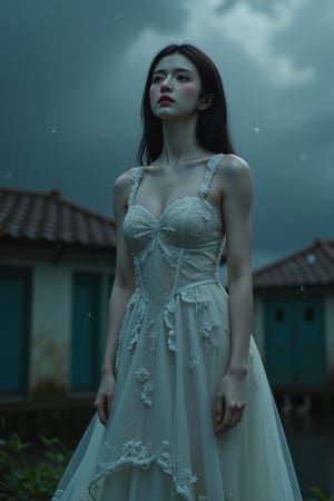 Against a moody, rain-soaked backdrop, a Gothic Lolita figure stands out amidst the grayness. She wears a flowing white dress, adorned with intricate lace and vibrant colors that seem to defy the somber atmosphere. Her gaze is cast upward, lost in thought as raindrops glisten on her porcelain skin. The morbid beauty's melancholy expression is reflected in the dark, swirling clouds above, as if the heavens themselves are mirroring her sorrow.