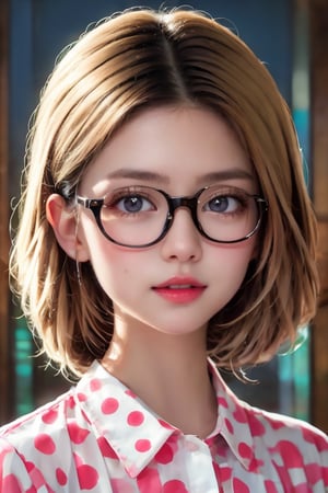 a close up of a young girl wearing glasses and a polka dot shirt, a character portrait by Silvia Pelissero, shutterstock, naive art, girl with glasses, young and cute girl, with square glasses, girl wearing round glasses, blonde hair and large eyes, wearing square glasses, portrait cute-fine-face, in square-rimmed glasses,Enhance