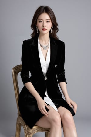 The image depicts a woman seated on a chair, dressed in a black and white ensemble. Her attire includes a black blazer with a white lapel, a white top, and a black skirt. The woman's pose is relaxed yet poised, with her hands resting gently on her lap. She is adorned with silver jewelry, including a necklace and earrings, which add a touch of elegance to her outfit. The background is a neutral gray, which provides a stark contrast to her dark clothing. The overall composition suggests a setting that is likely related to fashion or editorial content.