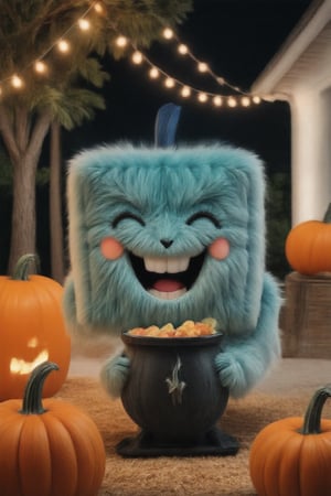 A whimsical shot of a blue-cube shaped mascot, 'Mascotius,' donning a mischievous grin, proudly holding a cauldron filled with candy and treats at his second-ever Halloween festival. Framed against a backdrop of autumnal leaves and twinkling string lights, Mascotius's bright blue hue pops against the warm orange glow of jack-o-lanterns and lanterns. His pose exudes excitement and anticipation as he prepares to hand out treats to trick-or-treaters, his cube-shaped body radiating joy and Halloween spirit.