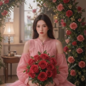 A stunning woman stands within a lush flower store, looking nowhere, her beauty eclipsed only by the vibrant bouquet of hundreds of tightly clustered red roses she holds. The crimson petals and dark green leaves form a striking sphere, radiating against the bright, balanced lighting that fills the space. Her dress is a beautiful complement to the flowers, as she occupies the top half of the image, surrounded by the lush greenery and delicate blooms.,pink art,Teenager,High school,Best face ever