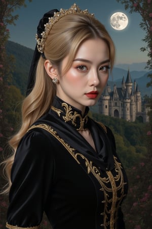 Elegantism, opulent scene, full portrait of a Victorian lady, heroic, black clothes, gold trim, full moon, castle, head and shoulders portrait, 8k resolution. (masterpiece, top quality, best quality, official art, beautiful and aesthetic:1.2), (1girl:1.4), upper body, blonde hair, portrait, extreme detailed, in the style of esao andrews,style,oil paint ,concept,fantasy,luxury style,Perfect fashion