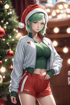 reed (arknights), 1girl, solo,green eyes,track jacket, shorts,large breasts, squirtle on head, best quality, amazing quality, very aesthetic, absurdres, Santa Claus cosmetic, Christmas themed, SFW,