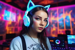 Rave girl, headphones with cat ears, DJ, LED lighting, tattoos, bust shot, 1girl, beautiful eyes, detailed face, extremely detailed face, masterpiece, back ground LED lit room, sharp, 8K, high_resolution, heterochromia,Split lighting,Melody,Replay1988