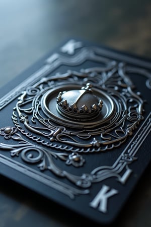 A close-up shot of a sleek, modern playing card with a king's crown at its center. The card is rendered in metallic silver and black, with intricate details and shading that give it a sense of depth. The background is a subtle gradient of blues, evoking a sense of luxury and sophistication.