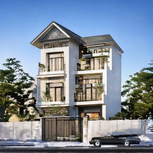 (best quality, masterpiece, high_resolution:1.5), a house town in Hanoi, Vietnam with wonderful and luxury exterior designing by Zaha Hadid. Black and golf are main colors