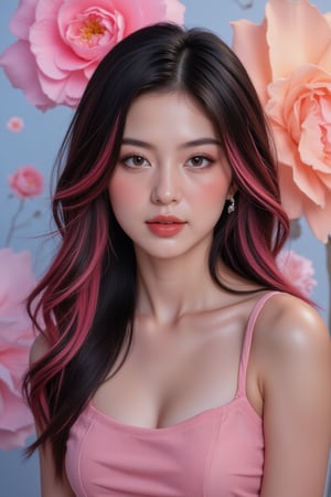 A captivating portrait of a mix colors medium hair style, big wavy locks framing her radiant face. Behind her, a vibrant digital abstract visuals adds a pop of color to the serene atmosphere.,Enhance,Realistic Enhance,Cartoon,digital art,pixar style