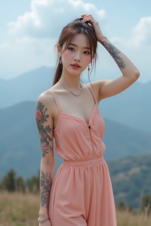 This is a semi-body portrait, taken by a canon eos 60D, rich colors enhanced , 64k, highest resolution and ultra HD. a young Asian woman stands in front of a blurred backdrop of a mountain range. She is wearing a salmon colored dress, adorned with a floral tattoo on her left arm. Her hair is pulled back in a ponytail, adding a pop of color to the scene. She's wearing a silver chain necklace, and a pair of earrings. Her left hand is resting on her head, adding depth to the composition. The backdrop is blurred, creating a peaceful and serene atmosphere.