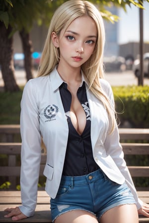 1girl, solo, long hair, breasts, looking at viewer, blue eyes, blonde hair, shirt, long sleeves, cleavage, medium breasts, sitting, closed mouth, jacket, multicolored hair, outdoors, open clothes, shorts, day, collared shirt, blurry, lips, black shirt, short shorts, eyelashes, blurry background, arm support, white jacket, freckles, blue shorts, realistic, bench,JeeSoo ,Charm of beauty,Eurasian