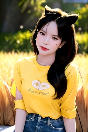 centered, award winning full body portrait, (detailed body and face), hyperealistic shadows, (looking at viewer), | young woman, Vietnamese| wearing a yellow shirt and short jeans, blurred background, bokeh, depth of field, | Vast golden rice field, bun hair, hot body singer,best face ever in Asia,Blonde long hair and hot body singer