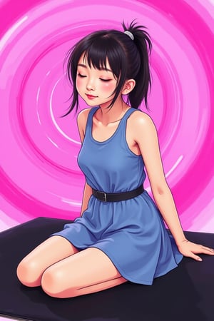  .,anime,teenager, a young Asian woman is seated on a black surface, her eyes closed and her head tilted slightly to the left. She is dressed in a blue sleeveless dress with a black belt tied around the waist. Her hair is pulled back in a ponytail, and her bangs are adorned with silver bands. The backdrop is a vibrant pink swirl, adding a pop of color to the scene