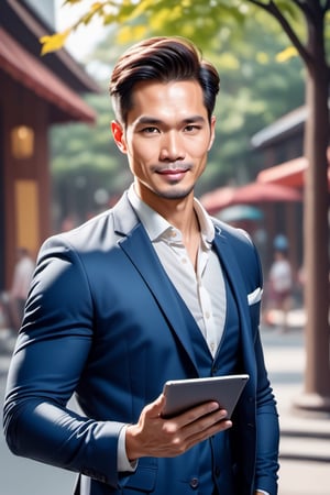 A gentle man, 35 yo, Vietnamese, showing ipad screen displaying a solid with image, wears comfortable suit, fashionista, young face, trustable face, happy emotions, TDNM,Enhanced All