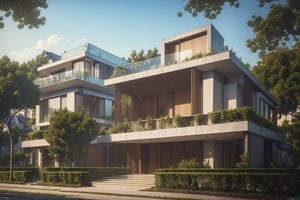 (best quality, masterpiece, high_resolution:1.5), a house town villa in Hanoi, Vietnam with wonderful and luxury exterior designing by Zaha Hadid. Glass and trees make the facede of this 3 layers house look awesome .