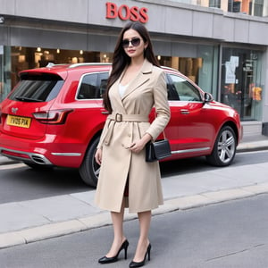 The image depicts a woman standing on a sidewalk in an urban setting. She is dressed in a beige trench coat with a belted waist and a matching skirt, both featuring a similar color and material. The coat has distinctive features such as a double-breasted design and a large lapel. She is accessorizing with a pair of black sunglasses and a black handbag that she carries over her shoulder. Her hair is styled straight and falls past her shoulders. In the background, there's a storefront with the word "BOSS" visible, suggesting a high-end fashion brand. A red car parked on the street adds to the city ambiance.,Realistic Enhance,digital art