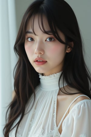 A close-up shot of a young Asian woman with long dark brown hair and blue eyes. She is wearing a white sleeveless dress with a white turtleneck. The woman's dress is adorned with white embroidery on the shoulders and neck. The backdrop is a white curtain with white designs on it. Effects: Hdr, ultra rich colors,HDR