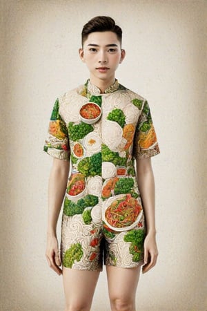 The image is an artistic representation of a male figure wearing a unique outfit. The outfit is a shirt and shorts that are designed to resemble a variety of the  Vietnamese white noodles, vegetables, meat, and sauces, arranged in a pattern that covers the entire garment. The figure is standing against a plain background with a textured appearance. Notable features include the detailed depiction of the food items on the clothing and the signature of the artist at the bottom right corner. The overall impression is one of creativity and fashion, blending the concept of clothing with culinary art.,Enhanced Realistic,Pho