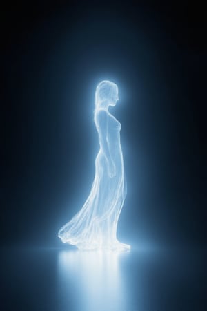 A spectral woman glides across the moonlit pathway, her ethereal form shimmering like a holographic projection. She floats effortlessly, her flowing gown rippling in the faint breeze as she moves with an otherworldly poise. The surrounding darkness accentuates her luminous aura, while the night's silence is punctuated only by the soft rustle of her garments.