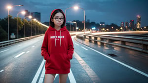 (masterpiece), best quality, high resolution, highly detailed, detailed background, perfect lighting,light blue eyes, medium breasts, cinematic, movie, The student council girl with glasses and short hair in a red hoodie (((on a highway at night with city in the background))), (((minimal light, dark moody atmosphere, cinematic,urban landscape))),Makeup,Enhance,SGBB,Wonder of Art and Beauty,wonder beauty 