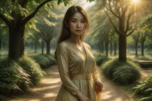 Truly Asian Beauty stands serenely amidst the mystical Indochinese forest, her porcelain skin glowing with a soft, ethereal light that weaves through the misty veil. Her delicate features are bathed in the warm, golden radiance, as if kissed by the gentle morning sun.,Indochina