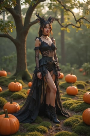 Painting A striking Halloween costume ensemble adorns a majestic model standing amidst a darkened, misty forest at dusk. The drawing captures the subject's elaborate getup from a low angle, emphasizing the towering pumpkins and twisted tree branches in the background. Soft, golden light casts long shadows across the moss-covered terrain as the model strikes a confident pose, their glowing eyes the only beacon of mischief amidst the eerie atmosphere.