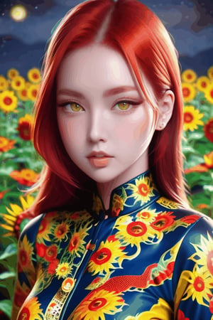 Beautiful woman,  red hair,  sunflower field,  amber eyes,  8k,  best quality,  (van gogh,  starry night background),  detailed hair,  detailed eyes, ghostrider,,,Enhance,portrait