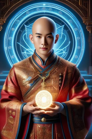 A majestic bald figure with East Asian features wears ornate traditional attire adorned with circular patterns and intricate designs, central forehead marking aglow. Richly decorated robe shines with golden and red motifs, signifying high status or ceremonial significance. Glowing orb in hand emits blue light, focal point amidst futuristic background blending ancient traditions with technological elements, suggesting a harmonious fusion of legacy, power, and enlightenment.,Asian Best Face Ever