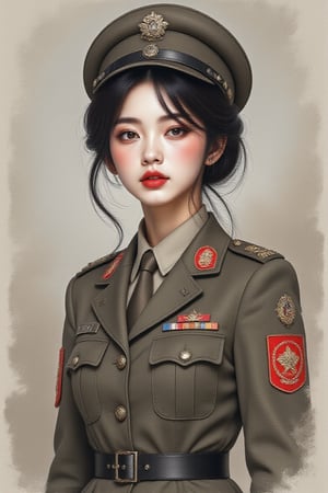 a portrait in soviet union style of a North Korean girl who is a military general in the Juche army,,Digital art