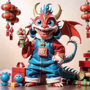 Cartoon Dragon,  illustration,  2D effect,  Chinese style,  New Year mascot,  Holding hongbao in left hand,  ((((((Holding toy in right hand)))))),  big eyes,  smile,  Dragon horn on head,,Wonder of Art and Beauty,Fortune Dragon