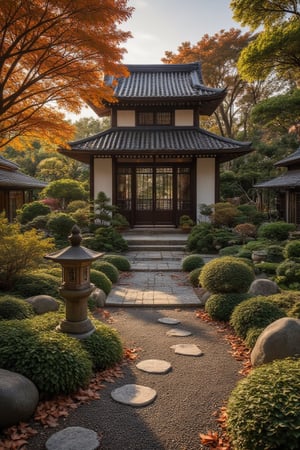 Create an image of a serene Japanese Zen garden in autumn, with a focus on the garden's natural beauty and tranquility. The scene should be framed with a wide-angle view, showcasing the garden's meticulous landscaping, featuring gravel paths, stone lanterns, and carefully arranged rocks. The lighting should be soft and warm, highlighting the vibrant autumn colors of the surrounding trees, with leaves in shades of orange, red, and yellow gently falling to the ground. The composition should emphasize the garden's harmony and balance, with a sense of peace and contemplation.