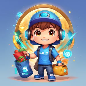 Chibi Mascot with head of a boy, wearing t-shirt that says "Halo",  holding a bag,Split lighting,3d style