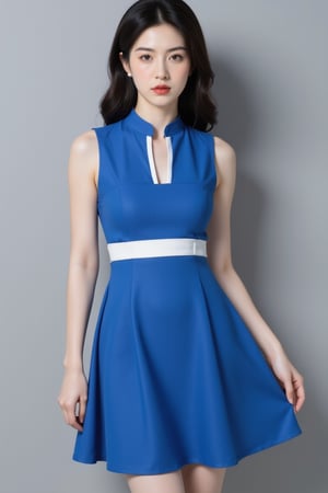 A young Asian woman stands confidently in a blue sleeveless dress with a white stripe running down its center, her long hair cascading down her shoulders. Before a neutral gray wall, she poses with poise, her left hand resting on her hip and slightly raised, while her right hand leans against the wall. A serious expression dominates her face, conveying focus and determination.,Perfect fashion