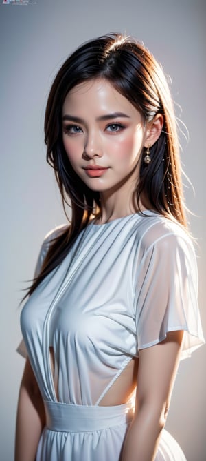 fashion photoshoot of an beautiful Viet woman, little smile, model, skin care, blue blouse, solid stark white background, 8k, realistic, hyper realistic human, realistic human skin texture, uhd image, Seolah, cwkntik24 , hands, chinatsumura, Young beauty spirit , Extremely Realistic, realistic eyebrow, real eyes, sharp eyebrow, sharp hair, 4k, 8k,