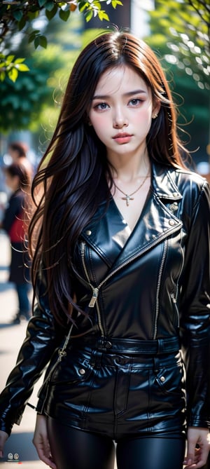 New York City,avenue,street,trees,
20 yo, 1 girl, beautiful korean girl, riding on a black Harley Davidson,wearing biker jacket,leather pants,boots,leather glove,solo, {beautiful and detailed eyes}, dark eyes, calm expression, delicate facial features, ((model pose)), Glamor body type, (dark hair:1.2),hair_past_waist,curly hair,very long hair,simple tiny earrings,simple tiny necklace, flim grain, realhands, masterpiece, Best Quality, 16k, photorealistic, ultra-detailed, finely detailed, high resolution, perfect dynamic composition, beautiful detailed eyes, eye smile, ((nervous and embarrassed)), sharp-focus, full_body, cowboy_shot,