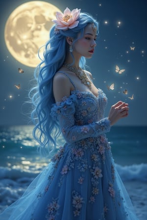 Here's a potential digital illustration based on your description:  -Title:- 'Moonlit Enchantress'  -Image:-  The illustration features a fantastical, ethereal woman standing against a backdrop of a large, glowing sea and a shimmering, starry night sea. Her hair flows like a river of blue, with intricate, delicate strands that seem to come alive in the moonlight.  She wears a stunning, ornate gown that's been meticulously designed to showcase her beauty and elegance. The gown is a deep, rich blue color, with intricate flower patterns and sparkling jewels that catch the light. Her headpiece is a masterpiece of complexity, with delicate, curved petals and glittering gemstones that seem to shimmer and shine.  Around her, a halo of light and butterflies creates a magical aura, as if she's conjuring up the very essence of the moon and sea. The moon above casts a soft, gentle glow over the scene, illuminating the waves and creating a sense of peace and tranquility.  -Color Palette:-  - Deep, rich blue for the hair and gown - Soft, shimmering yellow for the moon - Delicate, pale pink for the flowers and gemstones - Gold and silver for the jewelry and accents  -Style:-  The illustration is done in a highly detailed, realistic style, with a focus on capturing the beauty and elegance of the subject. The character is rendered in a lifelike way, with intricate textures and patterns that add depth and dimension to the image.  -Mood:-  The mood of the illustration is one of enchantment and mystery, capturing the essence of a magical, otherworldly moment. The subject's serene, ethereal expression and the dreamlike quality of the scene create a sense of wonder and awe, as if the viewer has stumbled upon a hidden, mystical world. 