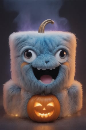 A close-up shot of a vibrant blue cube-shaped mascot, Mascof, donning a playful costume for his second-ever Halloween celebration. He's surrounded by eerie orange and purple lights, casting an otherworldly glow on his bright blue skin. The camera frames him against a dark, mysterious background, with tendrils of fog curling around him like wispy fingers. Mascof's eyes gleam with excitement as he holds a sparkler in one hand, his free arm wrapped around a jack-o'-lantern. A warm, golden light spills from the pumpkin's mouth, illuminating Mascof's joyful expression.