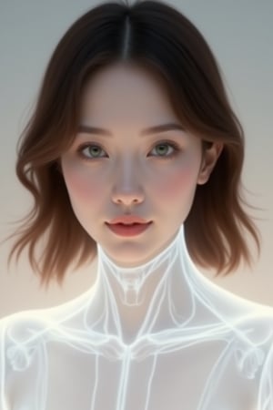 A mesmerizing portrait of the young woman with hologram body, situated against a subtle gradient background. Her shoulder-length brown hair softly frames her face, as warm natural light, f/5.6, and 50mm lens capture her piercing green and brown eyes with delicate catchlights. A gentle smile plays on her full lips, drawing the viewer's attention. The scene is rendered in crisp neutral tones, showcasing her likeness in ultra-high resolution, as if suspended in mid-air amidst a serene atmosphere.