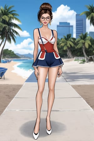 The image depicts a woman standing on a sidewalk in an urban setting. She is dressed in summer holiday outfit, combine colors perrfect.  She is accessorizing with a pair of glasses . Her hair is styled bun. In the background, there's a beach landscape. Realistic Enhance,digital art,Cartoon.