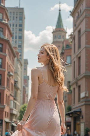 A serene moment amidst the urban landscape: A blonde woman strolls leisurely through the city, her flowing hair dancing in the gentle breeze. Framed by towering skyscrapers, the scene captures the vibrant energy of the metropolis. Soft natural light illuminates her carefree expression and rustles her dress, as she poses with a subtle tilt of her head, conveying a sense of exploration and tranquility amidst the bustling cityscape.,Enhanced all