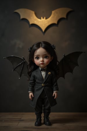 a medium-sized doll stands in front of a dark backdrop, adorned with a golden bat symbol