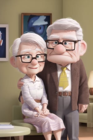  (((masterpiece))),best quality, they are (husband and wife). They are talking when sitting on the sofa. 
Husband: about 65yo, wear glasses, white hair
Wife: 62yo,, brown hair, doesn't wear glasses.
,Pixar Up 2009 style,Wonder of Art and Beauty,old_aged Pixar Up 2009 style