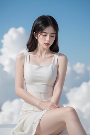 A serene masterpiece of a young woman sitting alone, surrounded by nothing but clouds and the vast blue expanse above. Her raven-black hair falls in soft waves around her face, with choppy bangs framing her closed eyes. A flowing white dress hugs her slender figure, its short sleeves showcasing toned arms as she sits peacefully. Parted lips curve into a gentle smile, as if lost in thought or savoring the beauty of the day. The cloudy sky above is dotted with puffy whites, casting a warm glow over the entire scene.