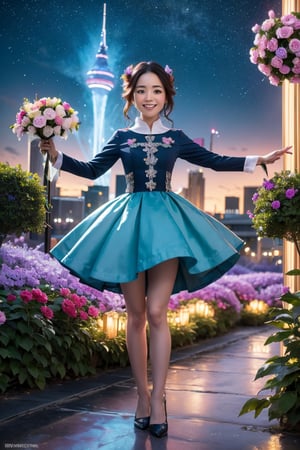 A curious girl with a bouquet of vibrant flowers stands amidst a fantastical landscape inspired by Wonderland's whimsy. In the background, a glowing alien cityscape stretches towards the sky, illuminated by an ethereal blue light. The girl's bright smile and outstretched arms seem to welcome the extraterrestrial visitors, as if showcasing her own little patch of wonder in this surreal science fiction world.,Wonder of Art and Beauty