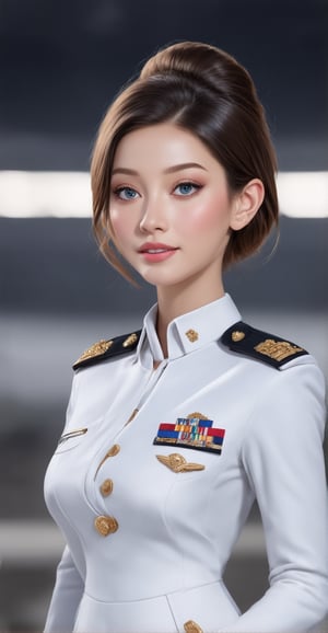 A stunning portrait of young hottest de l'air, showcasing stylized features, elegant facial expressions, and a radiant smile. Her hair is styled in a sleek bun, complementing her flight uniform attire. The high-resolution image is set against a blurred background with subtle dark tones, allowing the subject's beauty to take center stage. A flawless complexion and expert makeup application enhance her Elite beauty, exuding confidence and poise.,digital art