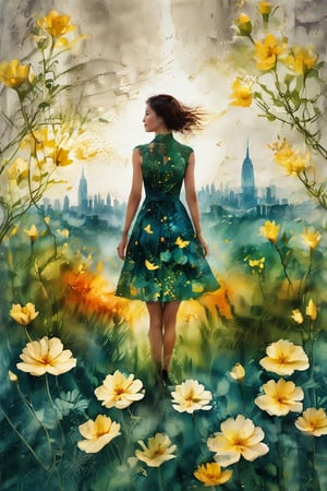 a photograph of a double exposure of a woman standing in front of a city skyline, her silhouette filled with the intricate details of botanical illustrations. The flowers matched her dress, transforming her into a powerful nature goddess with the concrete jungle at her command.,Replay1988,Melody,Perfect skin