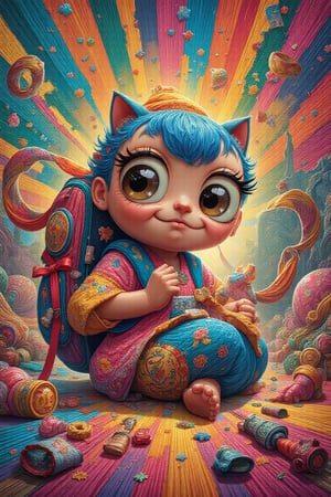 A whimsical scene unfolds: a petite girl with big eyes and cat ears beams warmly, surrounded by a medley of felines. She sits cross-legged on the floor amidst a colorful explosion of scattered items from her overflowing rucksack. A cozy outfit adorned with sparkles and ribbons complements her joyful aura. Mixed media colors dance across the scene: vibrant hues blend in a swirling vortex, as if ready to transport her into an adventure.