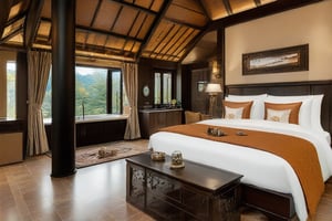 In the image, there is a bedroom that exudes a warm and luxurious atmosphere. The room is characterized by rich wooden accents on the ceiling and furniture, which add to its opulence. A large window with black metal framing offers a view of the outdoors, suggesting a connection to nature. The color palette is dominated by earth tones, with the bedspread in shades of orange and white providing a cozy feel. Traditional elements such as the intricate rug and the classic painting contribute to the room's timeless appeal.