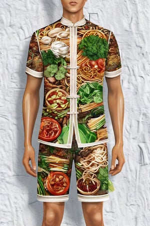 The image is an artistic representation of a male figure wearing a unique outfit. The outfit is a shirt and shorts that are designed to resemble a variety of the  Vietnamese white noodles, vegetables, meat, and sauces, arranged in a pattern that covers the entire garment. The figure is standing against a plain background with a textured appearance. Notable features include the detailed depiction of the food items on the clothing and the signature of the artist at the bottom right corner. The overall impression is one of creativity and fashion, blending the concept of clothing with culinary art.,Enhanced Realistic,Pho